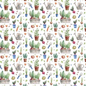 Garden Fabric, 100% Cotton, Quilting Fabric, Vegetable Garden Plant Pots Print, 140 cm Width Sewing Material by Fat Quarter/Half Metre/Metre