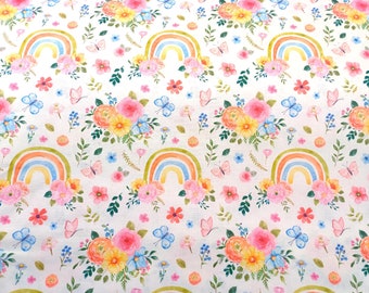 Rainbow Floral Butterfly Fabric, 100% Cotton, 150 cm Wide Spring Garden Fabric, Quilting Sewing Craft Fabric by Fat Quarter/Half Metre/Metre