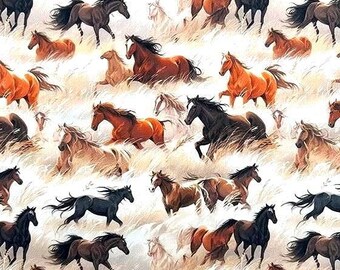 Horse Cotton Poplin Fabric, Animal Print, Quilting Sewing Craft Fabric Material