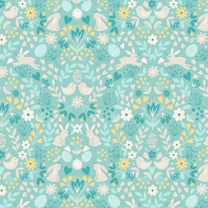 Easter Fabric, 100% Premium Cotton Fabric Lewis & Irene, Bunny Easter Eggs Rabbit Floral Spring Flowers Cotton Print, Quilting Sewing Fabric