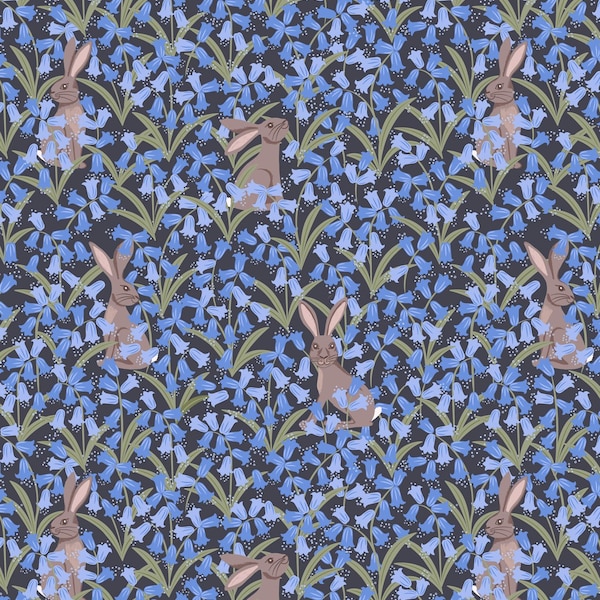 Hare Fabric, 100% Premium Cotton Fabric Lewis & Irene, Bluebell Hare on Navy Floral Cotton Print, Easter Rabbit Woodland Quilting Material