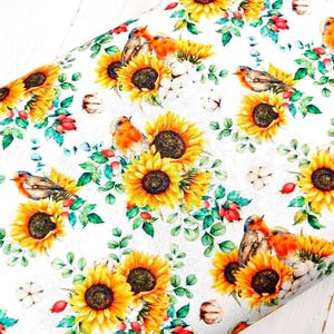 Sunflowers Bird Fabric, 100% Cotton, Birds Summer Flowers Briar Floral Print, Quilting Sewing Craft Material by Fat Quarter/Half Metre/Metre