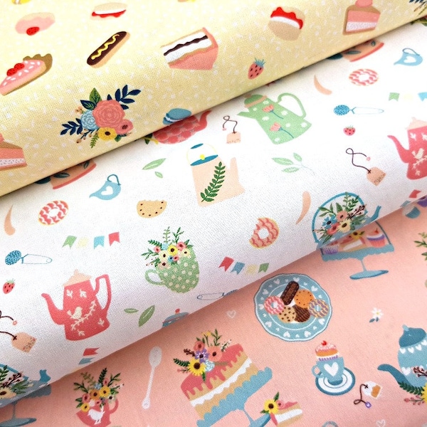 Tea Party Fabric, 100% Cotton, Quilting Fabric, Tea Pot Sweets Floral Cotton Print, Sewing and Craft Fabric by Fat Quarter/Half Metre/Metre