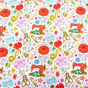 Tissu sur le thème de la couture, 100 % coton, accessoires de mercerie, impression de coton, matériel de couture pour courtepointe au quart de gras/demi-mètre/mètre