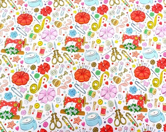 Sewing Theme Fabric, 100% Cotton, Sewing Notions Supplies Cotton Print, Quilting Sewing Craft Material by the Fat Quarter/Half Metre/Metre