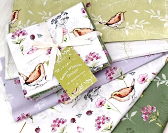 Birds Fat Quarter Bundle, 100% Cotton, Spring Meadow Flowers Material, Quilting Sewing Craft Fabric, Set of 5