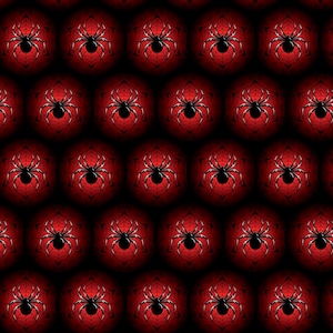 Könnte beinhalten: Ein nahtloses Muster mit schwarzen Spinnen auf einem roten Spinnennetz-Hintergrund. Die Spinnen sind in einem sich wiederholenden Muster angeordnet, was ein gruseliges und festliches Design ergibt.