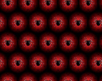 May include: A seamless pattern featuring black spiders on a red web background. The spiders are in a repeating pattern, creating a spooky and festive design.