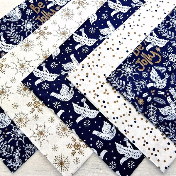 Christmas Fat Quarter Bundle, 100% cotton, Quilting Fabric, Festive Fat Quarters in Navy White Gold, Christmas Dove Cotton Bundle, Set of 5