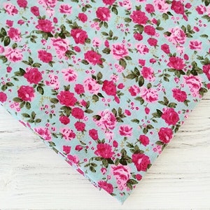 Pink Rose Polycotton Fabric, Small Flower Print on Blue, Sewing and Craft Fabric, Vintage Style Rose Print by Fat Quarter/Half Metre/Metre