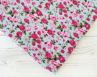 Pink Rose Polycotton Fabric, Small Flower Print on Blue, Sewing and Craft Fabric, Vintage Style Rose Print by Fat Quarter/Half Metre/Metre