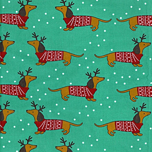 Christmas Dachshund Fabric, Sausage Dog Polycotton Fabric, Christmas Dogs Festive Sewing and Craft Fabric by Fat Quarter/Half Metre/Metre