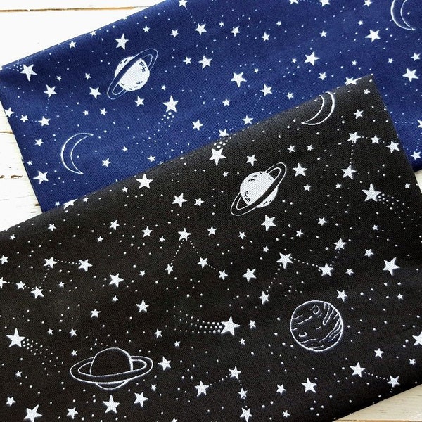 Space Fabric, Polycotton Fabric, Stars and Planets on Navy and Black, Sewing Fabric, Craft Fabric, Celestial Print Material by Half Metre