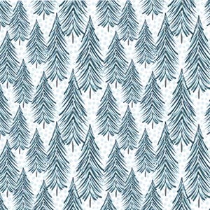 Pode incluir: Um padrão repetitivo com abetos azul-escuros estilizados sobre um fundo branco. O design inclui pequenos pontos circulares azul-claros espalhados entre as árvores, criando uma aparência texturizada e desenhada à mão na superfície.