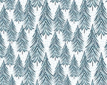 Christmas Forest Trees Cotton Fabric, Festive Winter Woodland Print, Quilting Sewing Craft Material