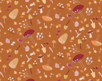 May include: A seamless pattern featuring various types of mushrooms in shades of brown, red, and white on a brown background. The mushrooms are drawn in a whimsical style with different shapes and sizes.