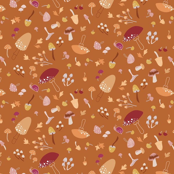 Autumn Forest 100% Premium Cotton Fabric Lewis & Irene, Toadstools Leaves Mushrooms Snails on Burnt Orange Print, Woodland Quilting Material