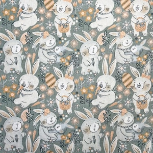 Easter Bunny Fabric, 100% Cotton, Cute Bunny Carrot Easter Eggs Print, Quilting Fabric, Kids Spring Material by Fat Quarter/Half Metre/Metre