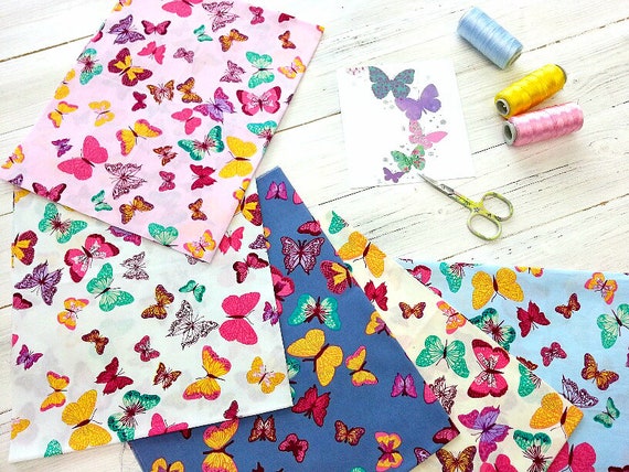 bold vintage style butterfly 1 100% cotton Quilting fabric colorful One yellow green blue and key hole pre-cut FAT Quarter