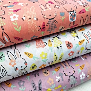 Bunny Polycotton Fabric, Cute Bunny Print on Peach/Lilac/White, Sewing and Craft Fabric, Easter Kids Fabric by Fat quarter/Half Mere/Metre