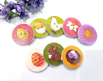 Easter Buttons, Bunny Easter Eggs Daffodils Two Hole Wooden Buttons, Kids Buttons, Wooden Embellishments, Sewing Craft Buttons, Pack of 10