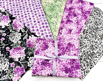 Lot de 5 coupons de tissu à motifs floraux (5 x 55 cm), 100 % coton, pour patchwork, couture et loisirs créatifs. Motifs fleurs de jardin, tissu d'été violet/lilas.