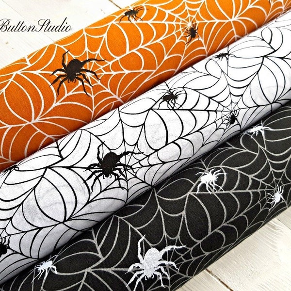 Halloween Fabric, Polycotton Fabric, Spider Fabric Orange White Black, Spooky Fabric, Horror Material, Sewing and Craft Fabric by Half Metre