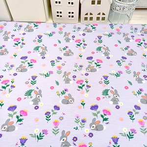 Floral Bunny Jersey Fabric, 150 cm Wide T-shirt Dressmaking Fabric, Children Clothes Material, Jade Lilac Blue Stretchy Fabric by Half Metre Bunnies on lilac