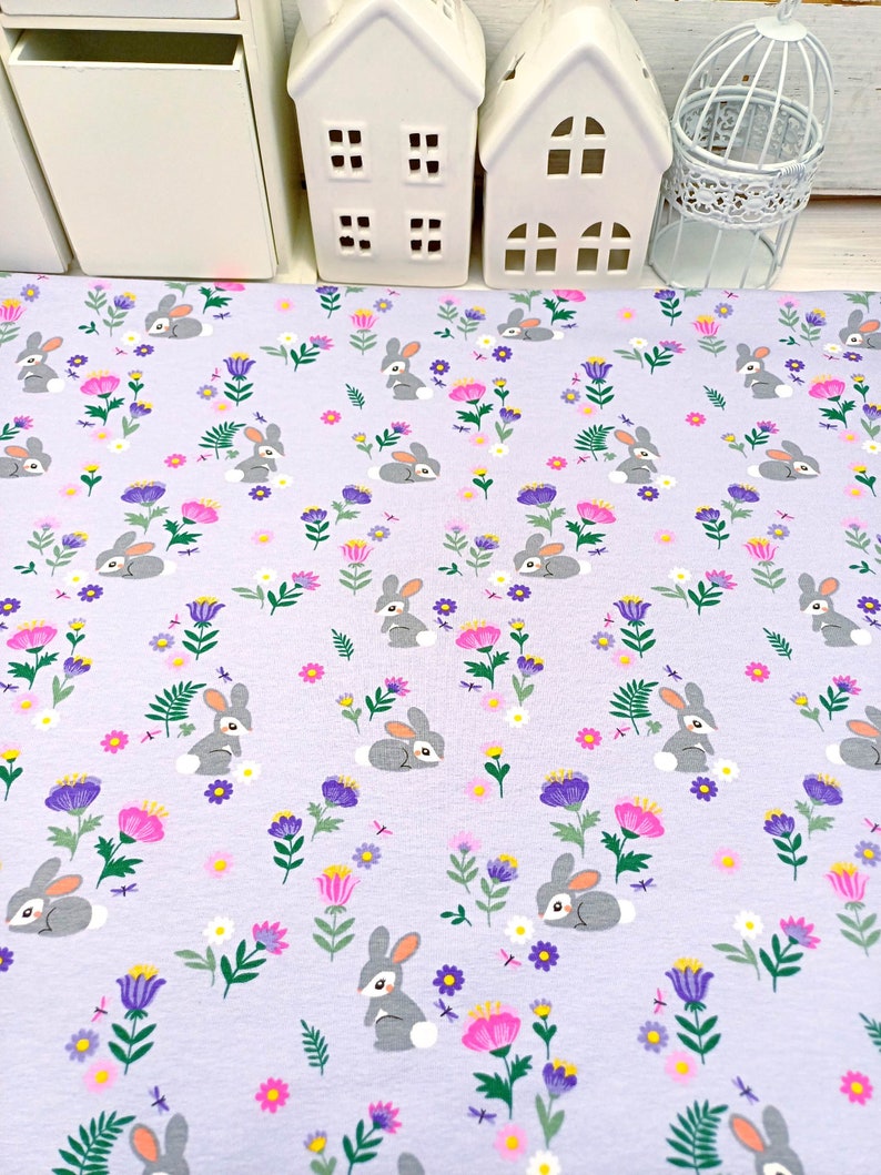 Floral Bunny Jersey Fabric, 150 cm Wide T-shirt Dressmaking Fabric, Children Clothes Material, Jade Lilac Blue Stretchy Fabric by Half Metre Bunnies on lilac