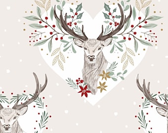 Christmas Deer Fabric, Animal Fabric, 100% cotton, Quilting Fabric, Woodland Animals Print, Festive Material by Fat Quarter/Half Metre/Metre
