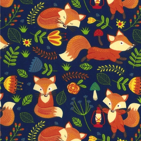 Cute Fox on Navy Polycotton Fabric, Forest Animal Small Floral Woodland Print, Sewing and Craft Fabric, Kids Material by Half Metre/Metre