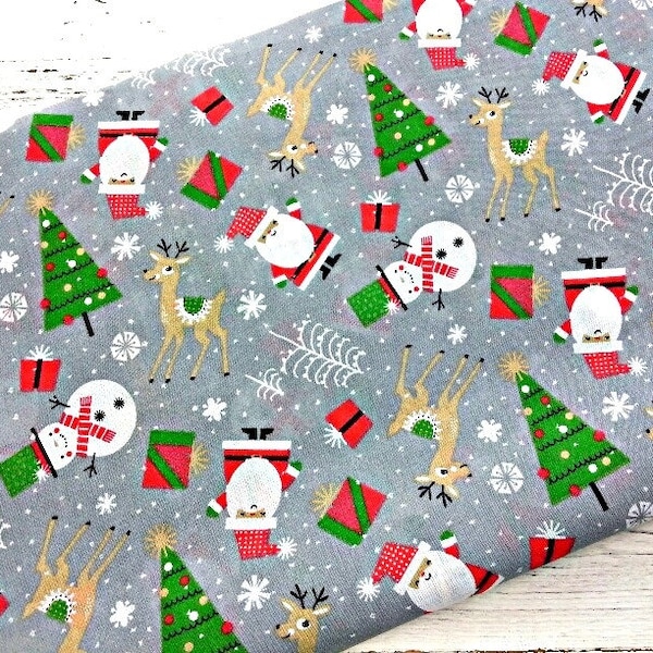 Christmas Fabric, Polycotton Fabric, Festive Santa Reindeer Snowman Print on Grey, Sewing and Craft Fabric by Fat Quarter/Half Metre/Metre