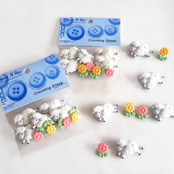Cute Sheep Flowers Buttons, Sheep Farm Novelty Buttons, Dress It Up Buttons, Button Embellishment, Easter Buttons, Kids Buttons, Set of 9