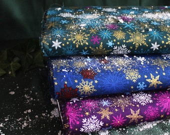 Snowflake Christmas Fabric, 100% Cotton, Quilting Sewing Fabric, 140 cm Wide Festive Metallic Gold Material by Fat Quarter/Half Metre/Metre