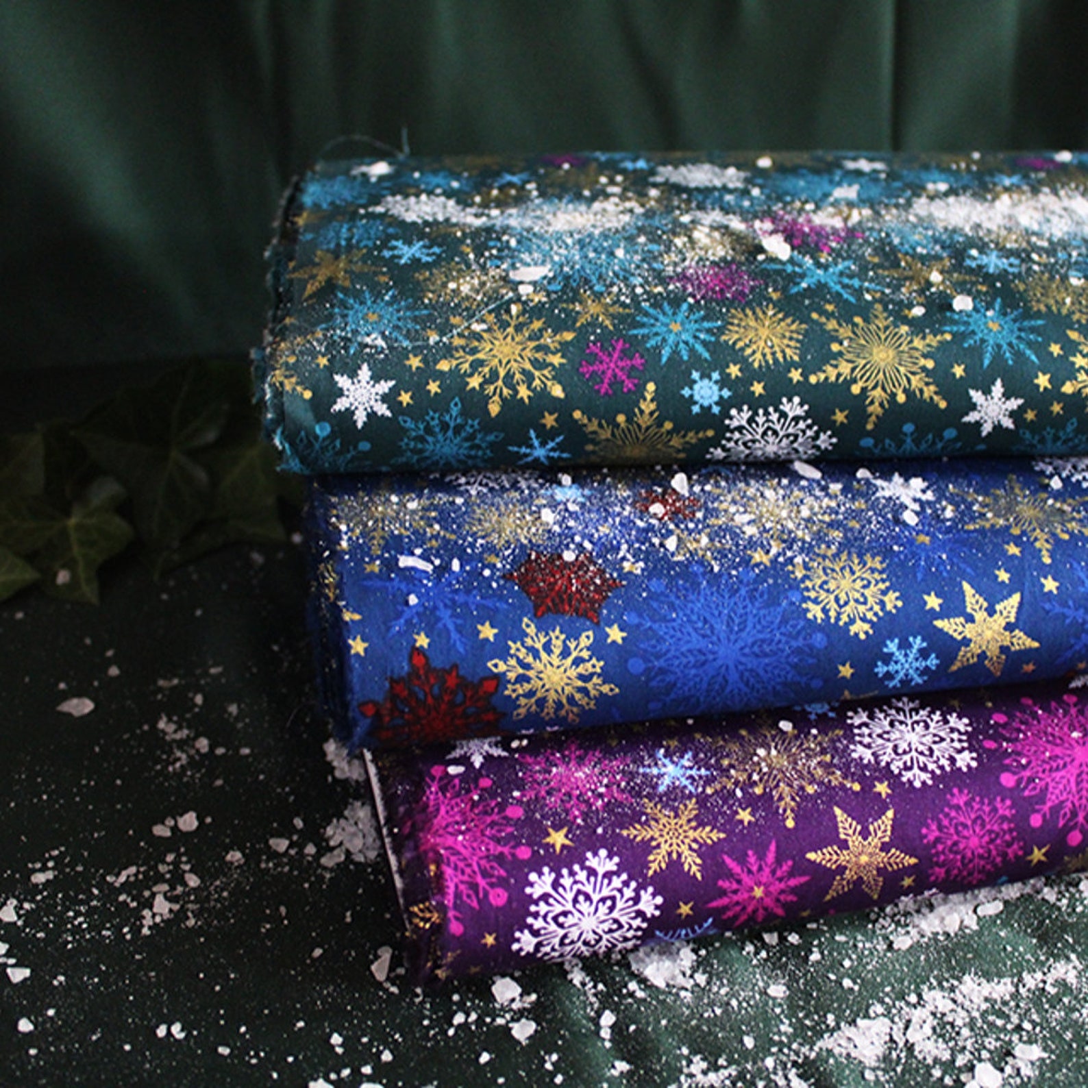 Fabric Traditions Blue Purple Snowflakes Glitter Holiday Cotton