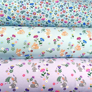 Floral Bunny Jersey Fabric, 150 cm Wide T-shirt Dressmaking Fabric, Children Clothes Material, Jade Lilac Blue Stretchy Fabric by Half Metre image 4