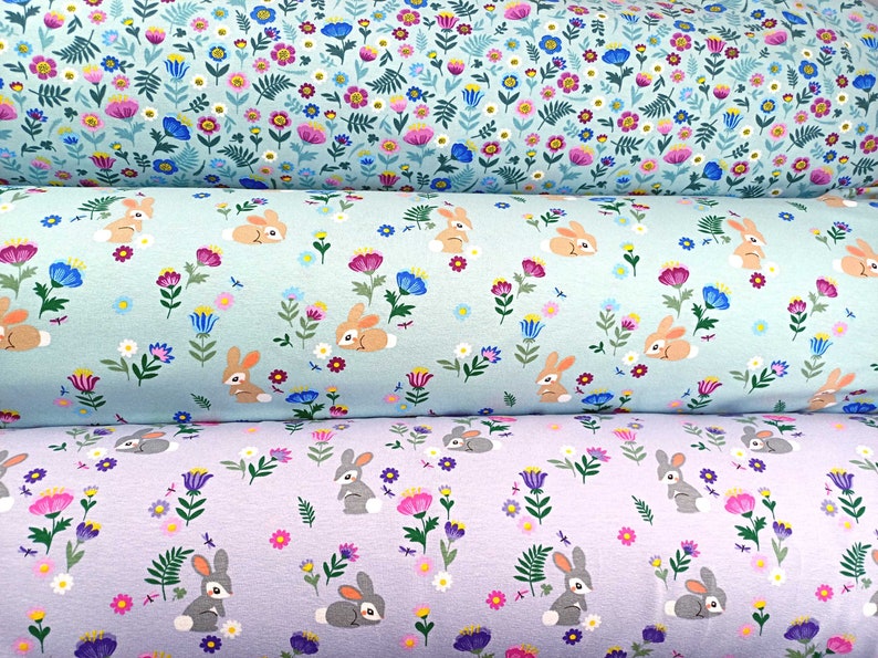 Floral Bunny Jersey Fabric, 150 cm Wide T-shirt Dressmaking Fabric, Children Clothes Material, Jade Lilac Blue Stretchy Fabric by Half Metre image 4