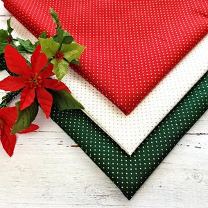 Christmas Fabric, 100% Cotton, Metallic Gold Pin Dot on Red Green Ivory, 140 cm Wide Festive Quilting Fabric by Fat Quarter/Half Metre/Metre