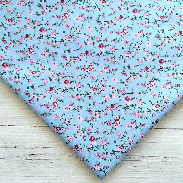 Floral Fabric, Poly Cotton Fabric, Small Print Fabric, Floral Print Cotton, Flower Fabric, Small Flower Fabric, Blue Pink Flowers Material