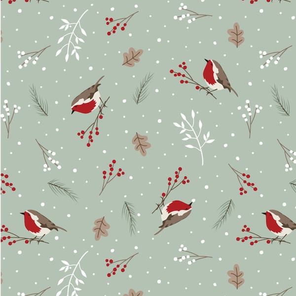 Christmas Robin Fabric, Festive Fabric, 100% Cotton, Quilting Fabric, Winter Forest Birds Berries Material by Fat Quarter/Half Yard/Yard