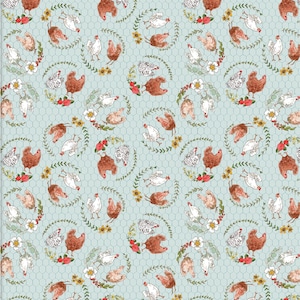 Farmyard Fabric, 100% Cotton, Chicken Hens Floral Print, Quilting Sewing Craft Fabric, Farm Animals Material by Fat Quarter/Half Metre/Metre