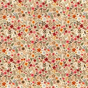 May include: A seamless pattern featuring a variety of small, colourful flowers and leaves on a cream background. The pattern is perfect for fabric, wallpaper, or other decorative projects.