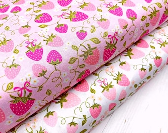 Strawberry Floral Fabric, 100% Organic Cotton, Summer Fruit Material, Food Fabric, Quilt Sewing Craft Fabric by Fat Quarter/Half Metre/Metre