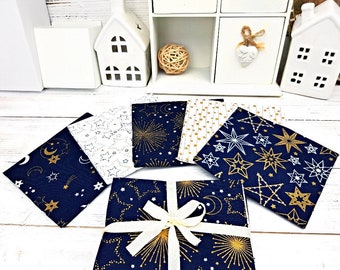 Starry Night Christmas Fat Quarter Bundle, 100% Cotton, Quilting Sewing Craft Metallic Festive Fat Quarters in Navy/White/Gold, Set of 5