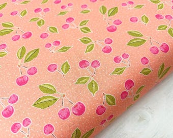 Cherry Fabric, 100% Organic Cotton, Summer Fruit Print on Pastel Salmon, Quilting Sewing Craft Fabric by Fat Quarter/Half Metre/Metre