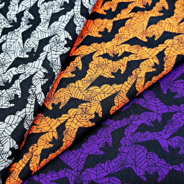 Tissu chauve-souris d'Halloween, tissu polycoton, toiles d'araignées chauves-souris en orange gris violet, tissu horreur effrayante par Fat Quarter/demi-mètre/mètre