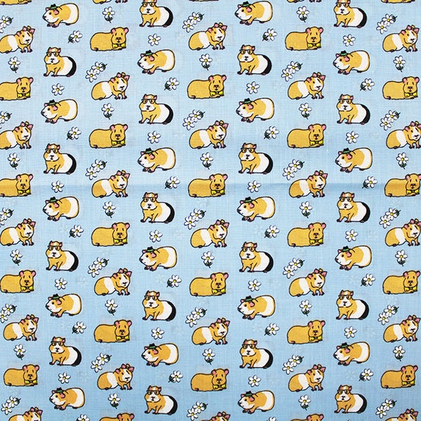 Cute Guinea Pig Polycotton Fabric, Pets Animal Floral Daisy Flower Material on Blue, Sewing and Craft Fabric by Fat Quarter/Half Metre/Metre