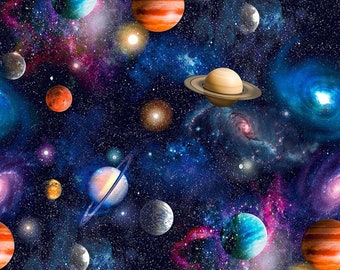 Space Galaxy Planets Cotton Fabric, 140 cm Width Quilting Sewing Craft Material by Fat Quarter/Half Yard/Yard