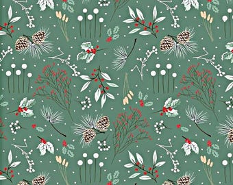 Jultyg med skogslöv, 100 % bomull, litet tryck med festligt vinterskogsmönster, quilttyg för sömnad/hobby av Fat Quarter/Halvmeter/Meter