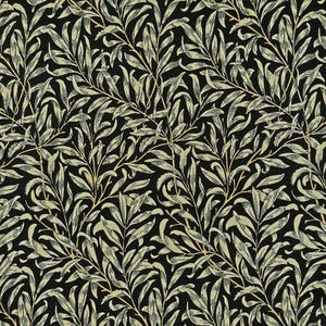May include: A black background with a repeating pattern of green and gold leaves. The leaves are stylised and have a vintage look.